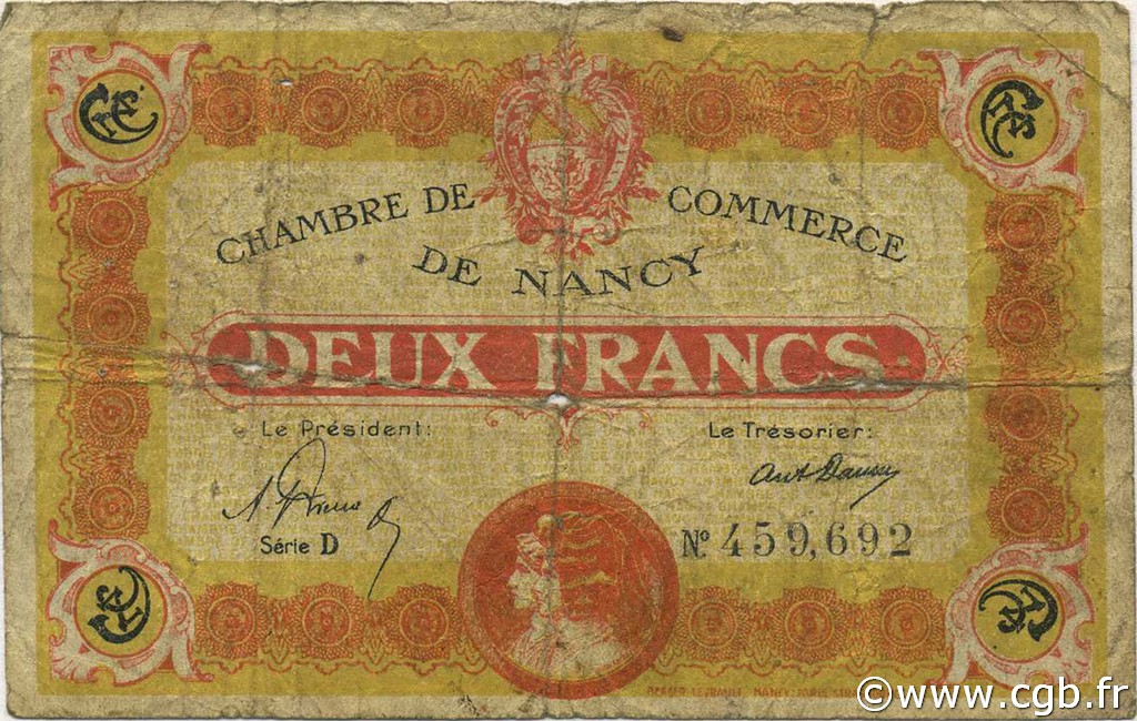 2 Francs FRANCE Regionalismus und verschiedenen Nancy 1919 JP.087.32 S