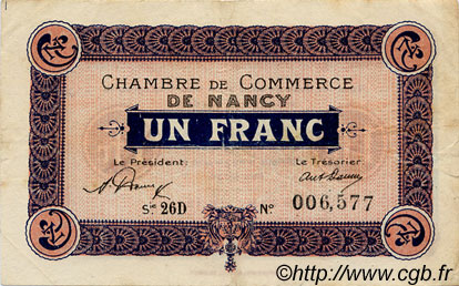 1 Franc FRANCE Regionalismus und verschiedenen Nancy 1921 JP.087.45 SS to VZ