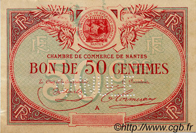 50 Centimes Annulé FRANCE regionalismo e varie Nantes 1918 JP.088.04 BB to SPL