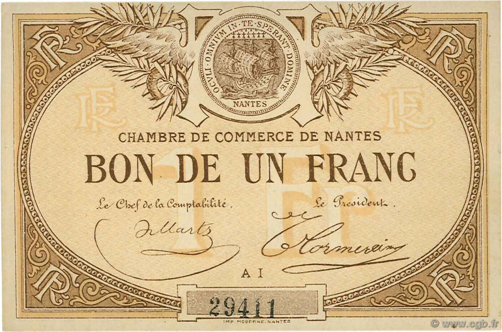 1 Franc FRANCE regionalism and various Nantes 1918 JP.088.08 AU+