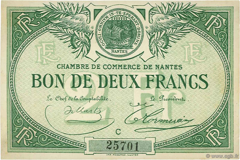 2 Francs FRANCE Regionalismus und verschiedenen Nantes 1918 JP.088.10 fST to ST
