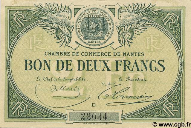2 Francs FRANCE regionalismo e varie Nantes 1918 JP.088.12 BB to SPL