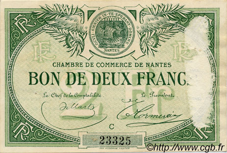 2 Francs FRANCE regionalismo e varie Nantes 1918 JP.088.12 MB