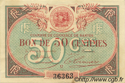 50 Centimes FRANCE regionalismo y varios Nantes 1918 JP.088.16 SC a FDC