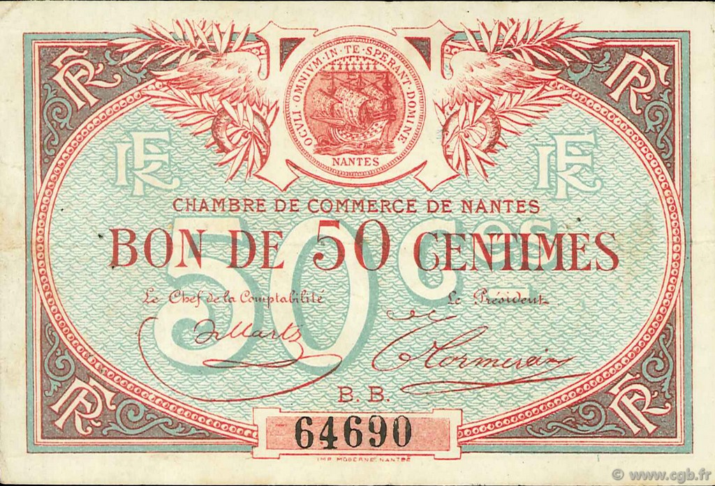 50 Centimes FRANCE regionalismo y varios Nantes 1918 JP.088.18 BC