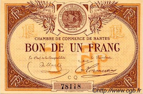 1 Franc FRANCE regionalismo y varios Nantes 1918 JP.088.23 SC a FDC