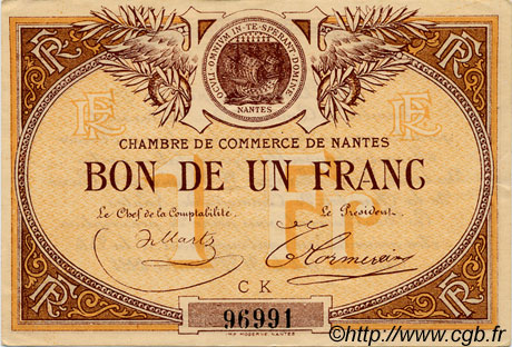 1 Franc FRANCE Regionalismus und verschiedenen Nantes 1918 JP.088.23 SS to VZ