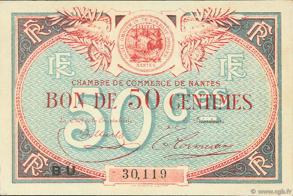 50 Centimes FRANCE regionalismo e varie Nantes 1918 JP.088.24 AU a FDC