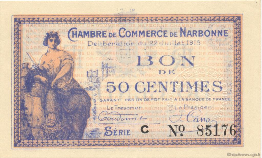 50 Centimes FRANCE regionalism and various Narbonne 1915 JP.089.01 AU+