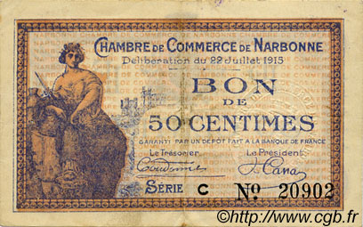 50 Centimes FRANCE regionalismo e varie Narbonne 1915 JP.089.01 BB to SPL