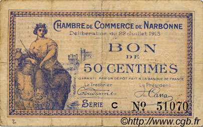 50 Centimes FRANCE régionalisme et divers Narbonne 1915 JP.089.01 TB