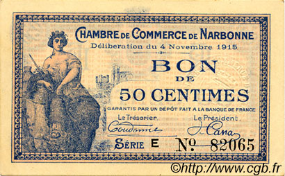 50 Centimes FRANCE regionalismo y varios Narbonne 1915 JP.089.03 MBC a EBC