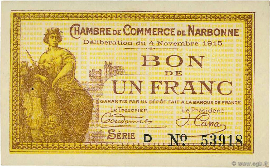 1 Franc FRANCE regionalismo y varios Narbonne 1915 JP.089.06 SC a FDC