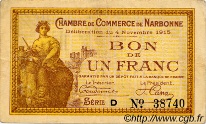 1 Franc FRANCE regionalismo y varios Narbonne 1915 JP.089.06 MBC a EBC