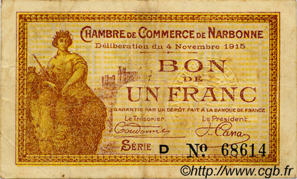 1 Franc FRANCE regionalismo y varios Narbonne 1915 JP.089.06 BC