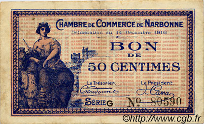 50 Centimes FRANCE regionalismo e varie Narbonne 1916 JP.089.09 BB to SPL