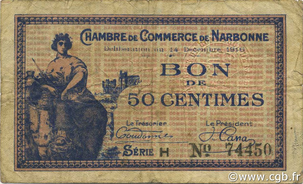 50 Centimes FRANCE régionalisme et divers Narbonne 1916 JP.089.09 TB