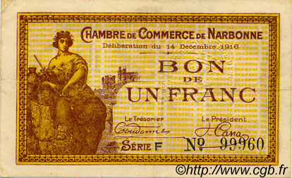 1 Franc FRANCE Regionalismus und verschiedenen Narbonne 1916 JP.089.11 fST to ST