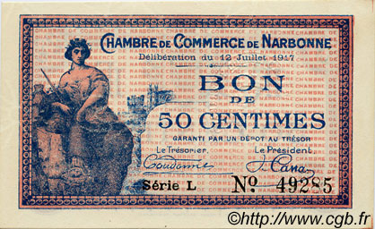 50 Centimes FRANCE regionalism and miscellaneous Narbonne 1917 JP.089.12 AU+