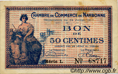 50 Centimes FRANCE regionalismo y varios Narbonne 1917 JP.089.12 MBC a EBC