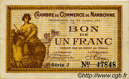 1 Franc FRANCE regionalism and various Narbonne 1917 JP.089.15 VF - XF