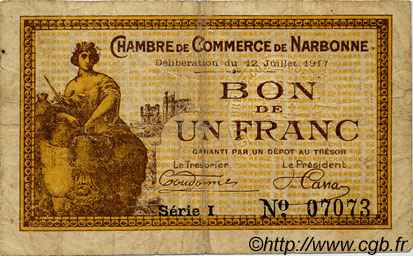 1 Franc FRANCE Regionalismus und verschiedenen Narbonne 1917 JP.089.15 S