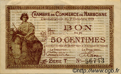50 Centimes FRANCE regionalismo e varie Narbonne 1919 JP.089.17 BB to SPL
