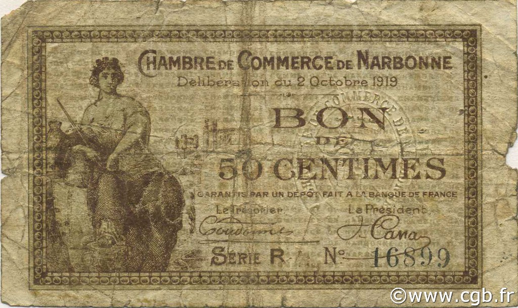 50 Centimes FRANCE régionalisme et divers Narbonne 1919 JP.089.17 TB