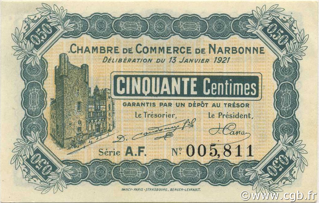 50 Centimes FRANCE regionalismo y varios Narbonne 1921 JP.089.19 SC a FDC