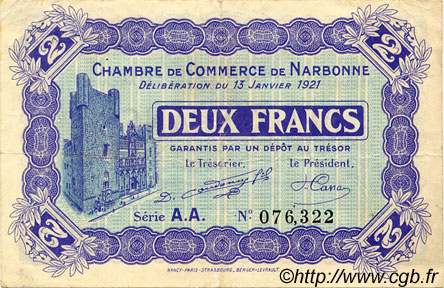2 Francs FRANCE regionalismo e varie Narbonne 1921 JP.089.25 BB to SPL