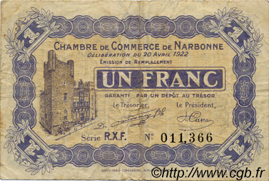 1 Franc FRANCE regionalism and miscellaneous Narbonne 1922 JP.089.32 F