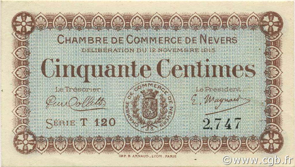 50 Centimes FRANCE regionalism and miscellaneous Nevers 1915 JP.090.01 AU+