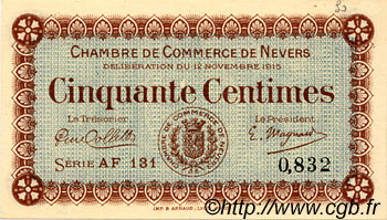 50 Centimes FRANCE Regionalismus und verschiedenen Nevers 1915 JP.090.05 fST to ST