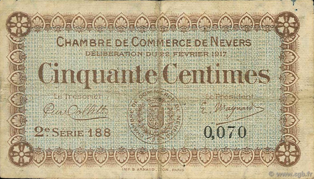 50 Centimes FRANCE Regionalismus und verschiedenen Nevers 1917 JP.090.12 S