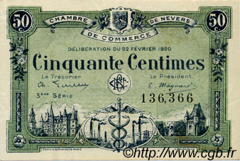 50 Centimes FRANCE regionalism and various Nevers 1920 JP.090.16 AU+
