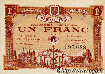 1 Franc FRANCE regionalism and various Nevers 1920 JP.090.19 AU+