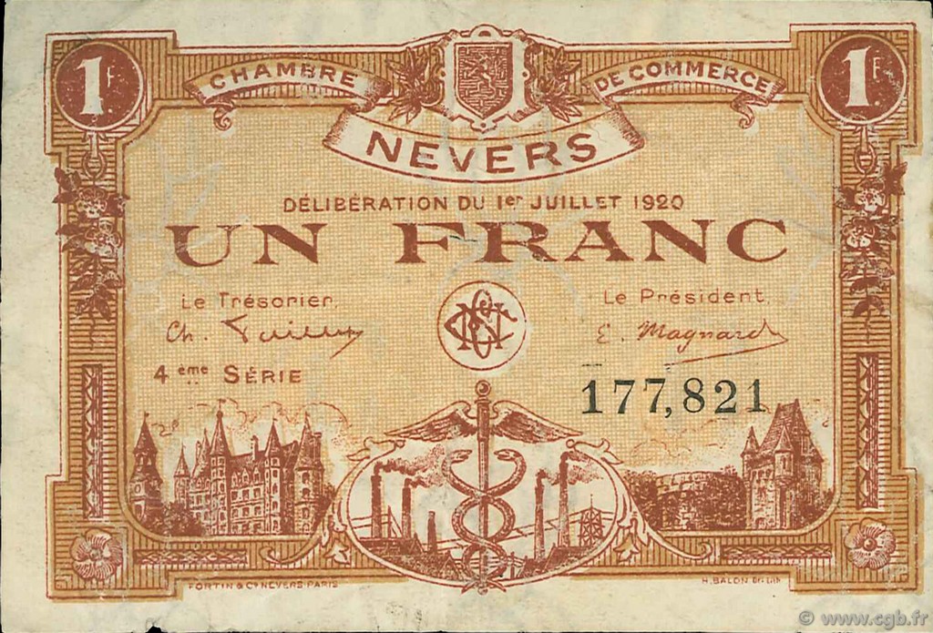 1 Franc FRANCE regionalism and various Nevers 1920 JP.090.19 F