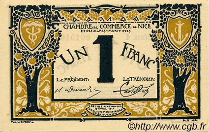 1 Franc FRANCE regionalism and miscellaneous Nice 1917 JP.091.05 AU+