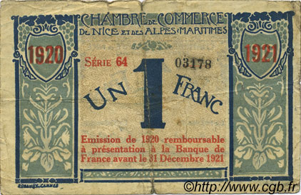 1 Franc FRANCE regionalismo y varios Nice 1917 JP.091.07 BC