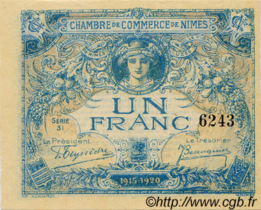 1 Franc FRANCE regionalism and various Nîmes 1915 JP.092.06 AU+