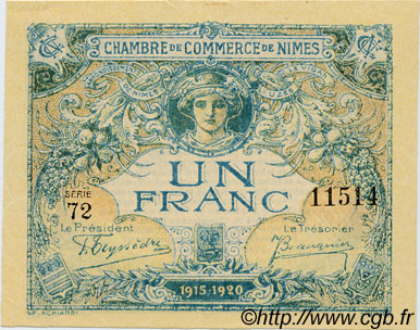 1 Franc FRANCE regionalismo e varie Nîmes 1915 JP.092.11 AU a FDC