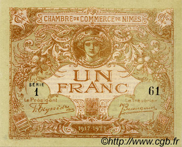 1 Franc FRANCE regionalismo e varie Nîmes 1915 JP.092.14 AU a FDC