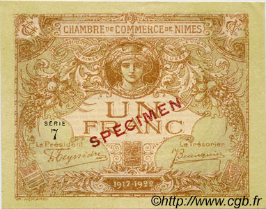 1 Franc Spécimen FRANCE regionalismo y varios Nîmes 1915 JP.092.15 SC a FDC