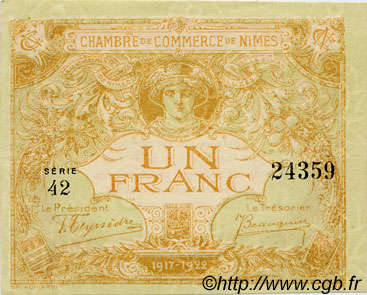 1 Franc FRANCE regionalism and miscellaneous Nîmes 1917 JP.092.18 AU+