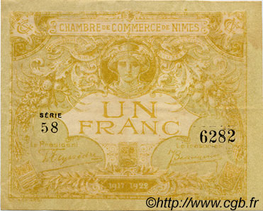 1 Franc FRANCE regionalismo y varios Nîmes 1917 JP.092.18 MBC a EBC