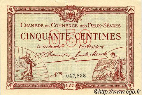 50 Centimes FRANCE regionalismo y varios Niort 1915 JP.093.01 MBC a EBC