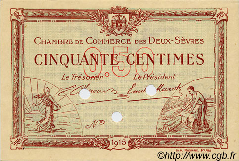 50 Centimes Spécimen FRANCE regionalism and various Niort 1915 JP.093.02 AU+