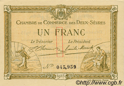 1 Franc FRANCE regionalism and miscellaneous Niort 1915 JP.093.03 AU+