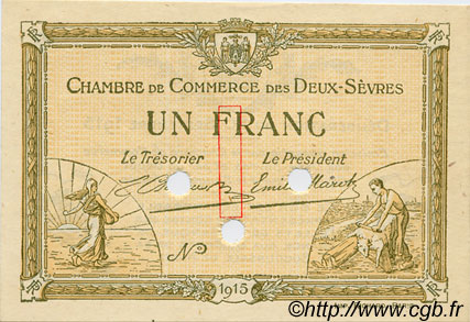 1 Franc Spécimen FRANCE regionalism and miscellaneous Niort 1915 JP.093.05 AU+