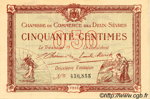 50 Centimes FRANCE regionalism and various Niort 1916 JP.093.06 AU+